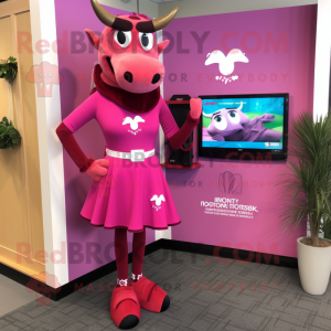 Magenta Jersey Cow mascot costume character dressed with a Sheath Dress and Shoe clips