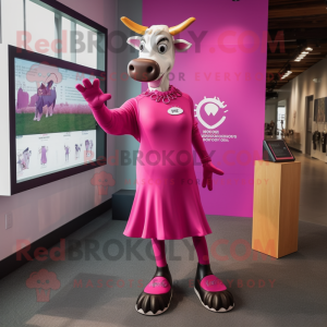 Magenta Jersey Cow mascot costume character dressed with a Sheath Dress and Shoe clips