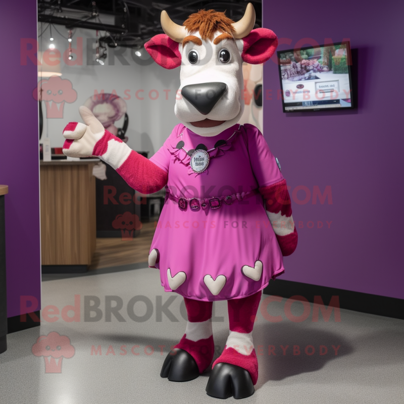 Magenta Jersey Cow mascot costume character dressed with a Sheath Dress and Shoe clips