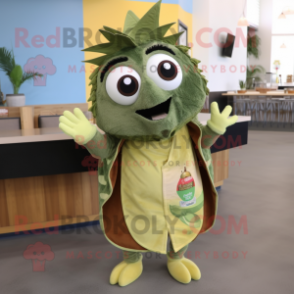 Olive Fish Tacos mascot costume character dressed with a Sweater and Hair clips