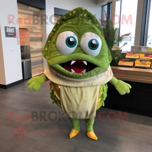 Olive Fish Tacos mascot costume character dressed with a Sweater and Hair clips