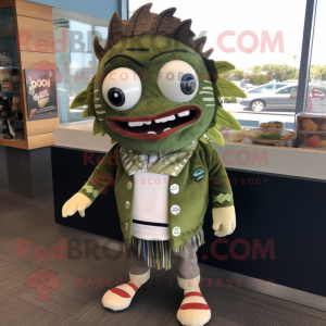 Olive Fish Tacos mascot costume character dressed with a Sweater and Hair clips