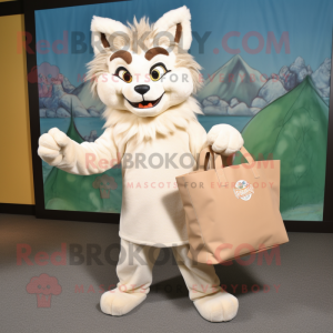 Cream Lynx mascot costume character dressed with a Long Sleeve Tee and Tote bags