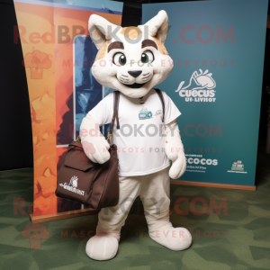 Cream Lynx mascot costume character dressed with a Long Sleeve Tee and Tote bags