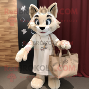 Cream Lynx mascot costume character dressed with a Long Sleeve Tee and Tote bags