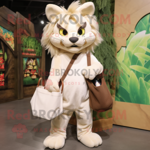 Cream Lynx mascot costume character dressed with a Long Sleeve Tee and Tote bags