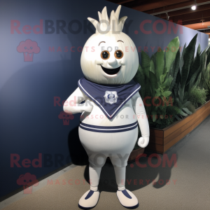 Navy Onion mascot costume character dressed with a Rash Guard and Suspenders