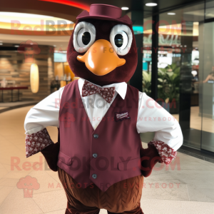 Maroon Quail mascot costume character dressed with a Graphic Tee and Bow ties