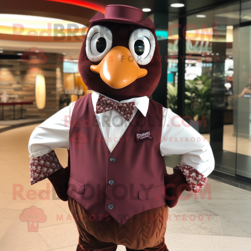 Maroon Quail mascot costume character dressed with a Graphic Tee and Bow ties Maroon Quail mascot costume character dressed with a Graphic Tee and Bow ties