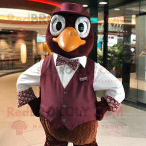 Maroon Quail mascot costume character dressed with a Graphic Tee and Bow ties