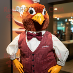Maroon Quail mascot costume character dressed with a Graphic Tee and Bow ties