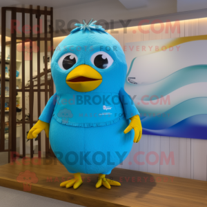 Cyan Canary mascot costume character dressed with a One-Piece Swimsuit and Headbands