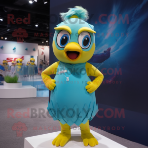 Cyan Canary mascot costume character dressed with a One-Piece Swimsuit and Headbands