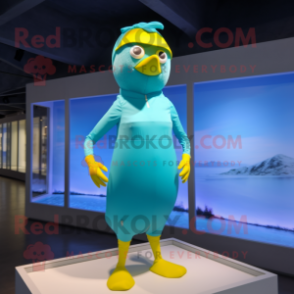 Cyan Canary mascot costume character dressed with a One-Piece Swimsuit and Headbands