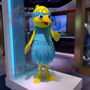 Cyan Canary mascot costume character dressed with a One-Piece Swimsuit and Headbands