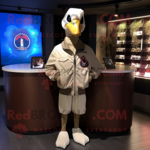 Beige Swan mascot costume character dressed with a Bomber Jacket and Shawl pins