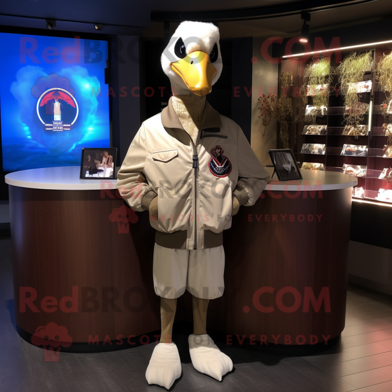 Beige Swan mascot costume character dressed with a Bomber Jacket and Shawl pins Beige Swan mascot costume character dressed with a Bomber Jacket and Shawl pins