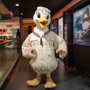 Beige Swan mascot costume character dressed with a Bomber Jacket and Shawl pins