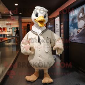 Beige Swan mascot costume character dressed with a Bomber Jacket and Shawl pins