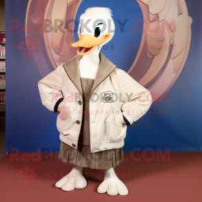 Beige Swan mascot costume character dressed with a Bomber Jacket and Shawl pins