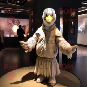 Beige Swan mascot costume character dressed with a Bomber Jacket and Shawl pins