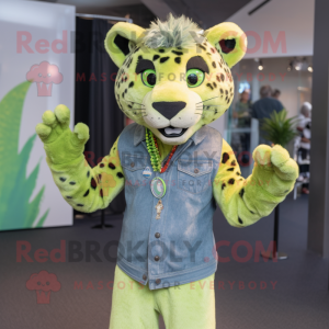 Lime Green Cheetah mascot costume character dressed with a Denim Shirt and Headbands