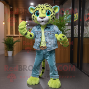 Lime Green Cheetah mascot costume character dressed with a Denim Shirt and Headbands