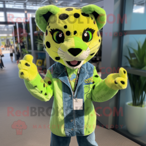 Lime Green Cheetah mascot costume character dressed with a Denim Shirt and Headbands