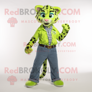 Lime Green Cheetah mascot costume character dressed with a Denim Shirt and Headbands