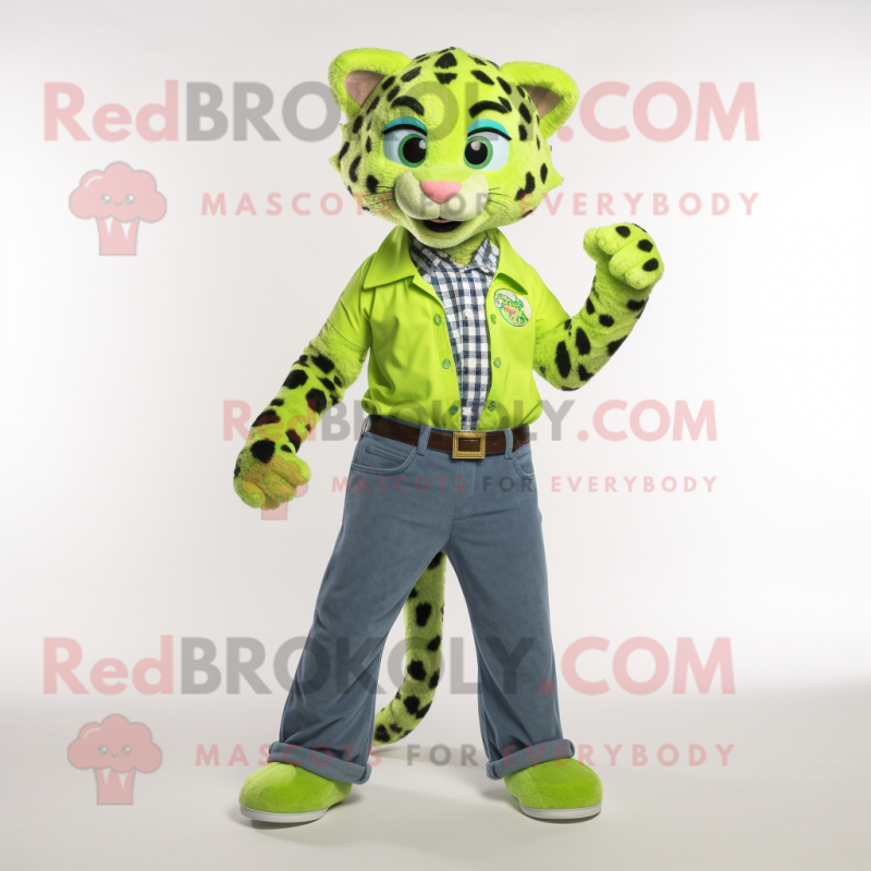 Lime Green Cheetah mascot costume character dressed with a Denim Shirt and Headbands Lime Green Cheetah mascot costume character dressed with a Denim Shirt and Headbands