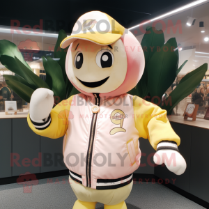 Peach Banana mascot costume character dressed with a Bomber Jacket and Rings