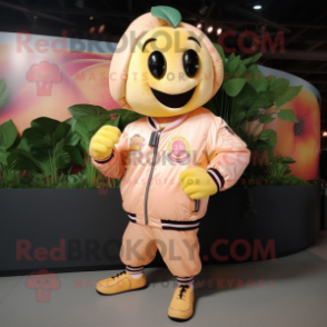 Peach Banana mascot costume character dressed with a Bomber Jacket and Rings