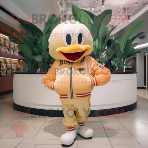 Peach Banana mascot costume character dressed with a Bomber Jacket and Rings