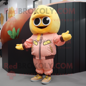 Peach Banana mascot costume character dressed with a Bomber Jacket and Rings