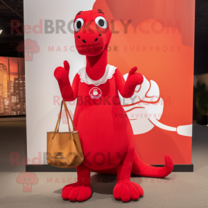 Red Diplodocus mascot costume character dressed with a Mini Dress and Tote bags