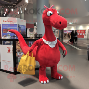 Red Diplodocus mascot costume character dressed with a Mini Dress and Tote bags