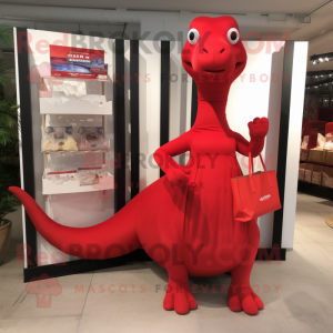 Red Diplodocus mascot costume character dressed with a Mini Dress and Tote bags