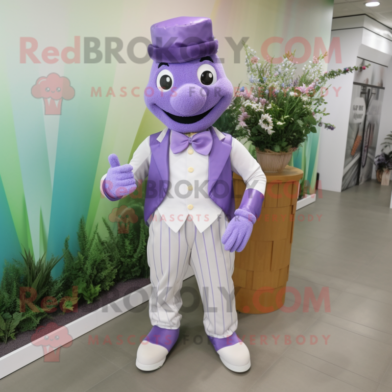 Lavender Alliance mascot costume character dressed with a Jumpsuit and Bow ties Lavender Alliance mascot costume character dressed with a Jumpsuit and Bow ties