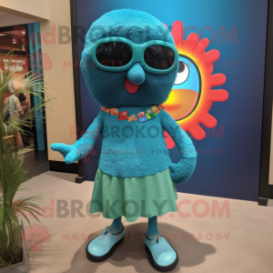 Teal Jambalaya mascot costume character dressed with a Mini Skirt and Sunglasses