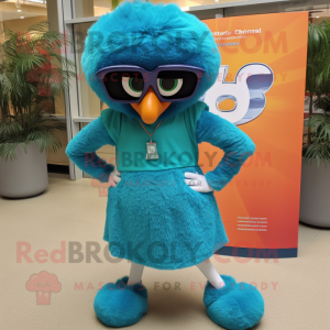 Teal Jambalaya mascot costume character dressed with a Mini Skirt and Sunglasses