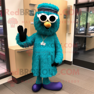 Teal Jambalaya mascot costume character dressed with a Mini Skirt and Sunglasses