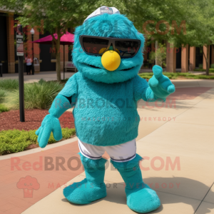 Teal Jambalaya mascot costume character dressed with a Mini Skirt and Sunglasses