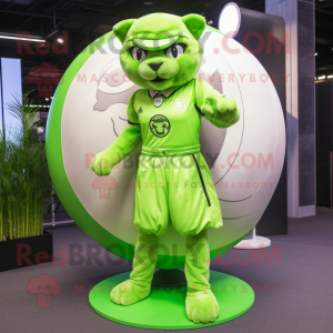 Lime Green Puma mascot costume character dressed with a Circle Skirt and Berets