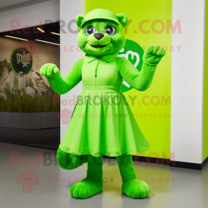 Lime Green Puma mascot costume character dressed with a Circle Skirt and Berets