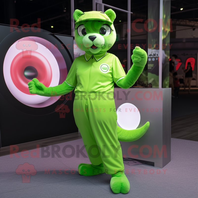 Lime Green Puma mascot costume character dressed with a Circle Skirt and Berets