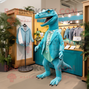 Turquoise Allosaurus mascot costume character dressed with a Shorts and Ties