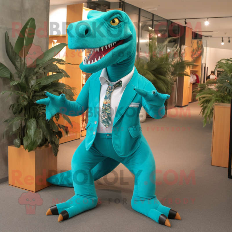 Turquoise Allosaurus mascot costume character dressed with a Shorts and Ties Turquoise Allosaurus mascot costume character dressed with a Shorts and Ties