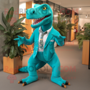 Turquoise Allosaurus mascot costume character dressed with a Shorts and Ties