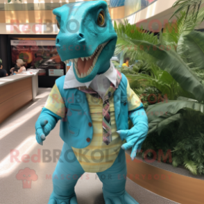 Turquoise Allosaurus mascot costume character dressed with a Shorts and Ties