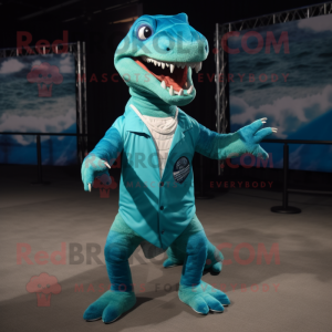 Turquoise Allosaurus mascot costume character dressed with a Shorts and Ties